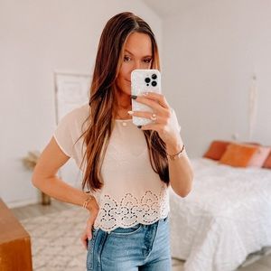 Forever 21 Beige Tan Sheer Boho Cutout Crop Top • Size Small